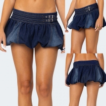 Street Fashion Low-rise Buckle Ruffle Denim Mini Skirt