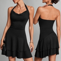 Fashion Halter Neck Draped Neckline Ruffle Hemline Backless Dress