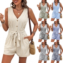 Fashion Vertical Stripe Printed Front Button V-neck Sleeveless Self-tie Romper