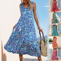 Bohemia Style Floral Printed V-neck Sleeveless Dress