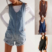 Casual V-neck Sleeveless Backless Rolled Hemline Old-washed Denim Suspender Romper