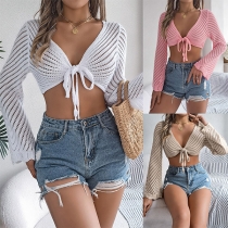 Fashion Hollow Out Long Sleeve Self-tie Crop Cover-up Cardigan