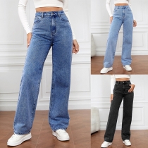 Fashion High-rise Straight-cut Old-washed Denim Jeans