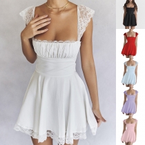 Sexy Lace Spliced Square Neck Cap Sleeve High-rise Mini Dress