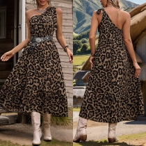 Street Fashion Leopard Printed Slant Shoulder Sleeveless Dress