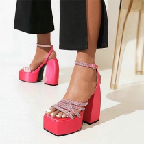 Rhinestone Platform Chunky Heel Sandal with Ankle Strap