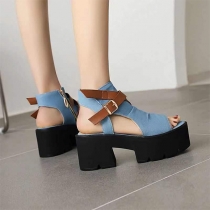 Peep-Toe Denim Ankle Strap Sandal Bootie