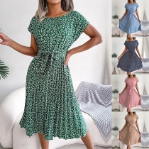 Fashion Floral Printed Crew Neck Cap Sleeve Self-tie Pleated Dress