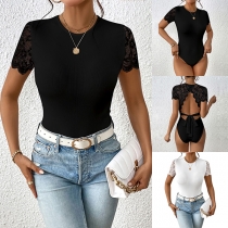 Sexy Crew Neck Short Sleeve Lace Spliced Backless Bodysuit