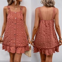 Fashion Front Button Square Neck Sleeveless Ruffle Hemline Texture Slip Dress