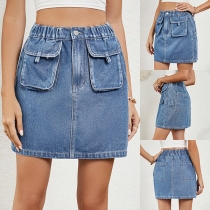 Fashion Front Patch Pockets Elastic Waist Old-washed Denim Skirt