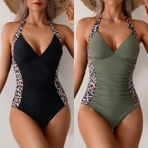 Fashion Side Leopard Printed Contrast Color Halterneck Backless Monokini