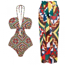 Bohemia Style Printed Two-piece Swimming Suit Consist of Halterneck Monokini and Wrap Swimming Cover-up Skirt