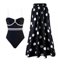Fashion Polka-dot Printed Two-piece Swimming Suit Consist of Monokini and Swimming Cover-up Skirt