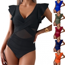 Fashion V-neck Ruffle Cap Sleeve Gauze Spliced Monokini