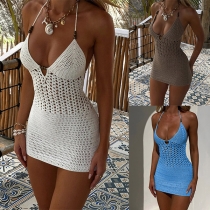 Sexy Hollow Out Halter Neck Sleeveless Backless Bodycon Beach Dress