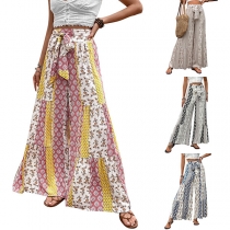 Bohemian Style Floral Printed Self-tie Waist Wide-leg Pants