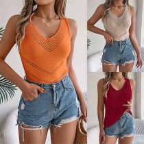 Fashion Hollow Out V-neck Sleeveless Shirt