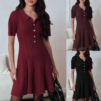 Fashion Polo V-neck Short Sleeve Ribbed Dress