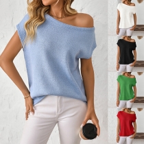 Fashion Solid Color Slant Shoulder Cap Sleeve Knitted Shirt
