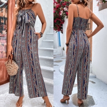 Bohemia Style Floral Printed Square Neck Self-tie Straight-cut Jumpsuit