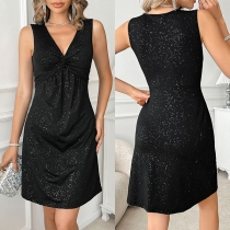Fashion Bling-bling Knot V-neck Sleeveless Mini Dress