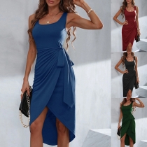 Fashion Square Neck Sleeveless Irregular Hemline Wrap Dress