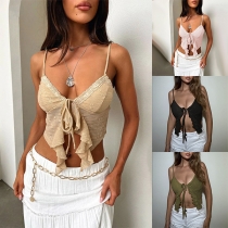 Sexy Jacquard Self-tie V-neck Ruffle Crop Top