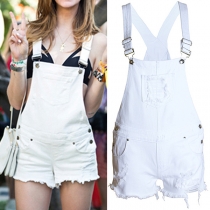 Street Fashion Distressed Frayed Hemline White Denim Suspender Romper