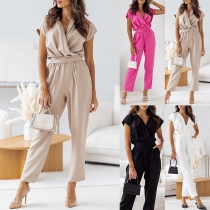 Fashion Solid Color V-neck Cap Sleeve Self-tie Waist Side Pockets Jumpsuit