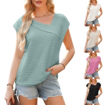 Fashion Slant V-neck Short Sleeve Texture Shirt