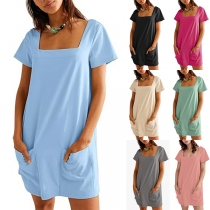 Casual Solid Color Square Neck Short Sleeve Patch Pockets Mini Dress