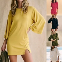 Casual Crew Neck Short Sleeve Side Slit Mini Dress