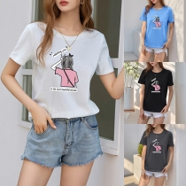 Casual Girl Printed Crew Neck Short Sleeve Shirt