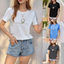 Casual Cartoon Printed Crew Neck Short Sleeve Shirt