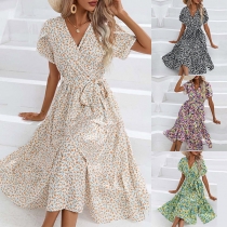 Fashion Floral Printed V-neck Short Sleeve Self-tie Midi Dress