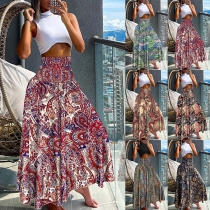 Bohemia Style Floral Printed Smocked Waist Maxi Skirt