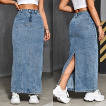 Fashion High-rise Back Slit Old-washed Denim Skirt