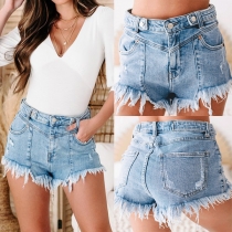 Fashion High-rise Frayed Hemline Old-washed Denim Shorts