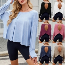 Fashion Solid Color Crew Neck Long Sleeve Back Heart Cutout Shirt