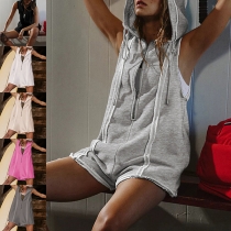 Casual Vertical Stripe Front Zipper Sleeveless Drawstring Hooded Romper