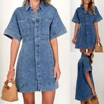 Vintage Stand Collar Short Sleeve Patch Pockets Front Button Old-washed Denim Dress