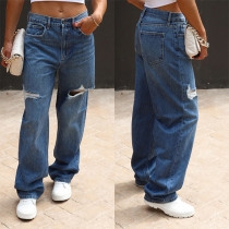 Fashion Distressed Straight-cut Denim Pants