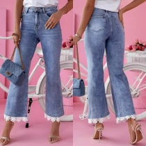 Fashion High-rise Lace Spliced Hemline Old-washed Denim Pants
