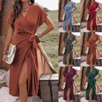 Fashion Short Sleeve V-neck Side Slit Self-tie Wrap Dress