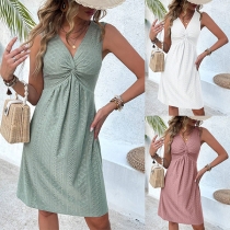 Fashion Hollow Out Knot V-neck Sleeveless Mini Dress