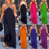 Fashion Contrast Color Halter Neck Sleeveless Mini Dress