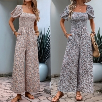 Fashion Floral Printed Square Neck Short Sleeve Smocked Bodice Side Pockets Wide-leg Jumpsuit