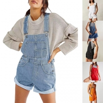 Street Fashion Patch Pockets Rolled Hemline Old-washed Denim Romper