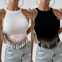 Fashion Halter Neck Sleeveless Tassel Hemline Crop Top